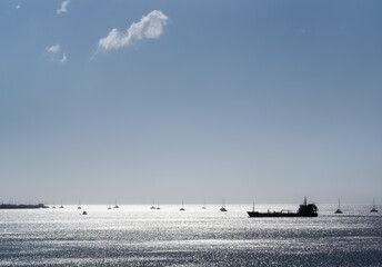 beautiful seascape, black silhouettes of ships and yachts in the sea, the sea is silvered, copy...