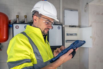 Man, an electrical technician working in a switchboard with fuses, uses a tablet.