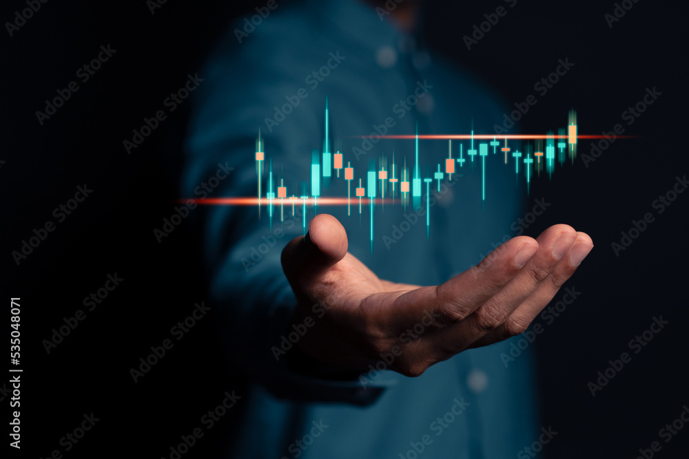 Poster Hands show up target analyze sales data trading and showing a growing virtual screen of statistics, graph and chart. Stock market business growth, planing and strategy concept.