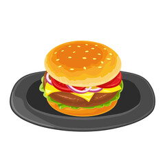 Hamburger with meat, lettuce, cheese, onion and tomato