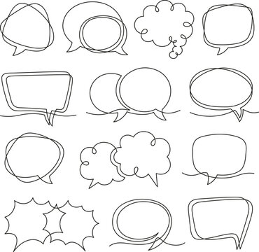 One line speech bubbles. Art drawing conversations messages, feedback and ideas. Empty communication frames, continuous lines tidy vector dialog elements