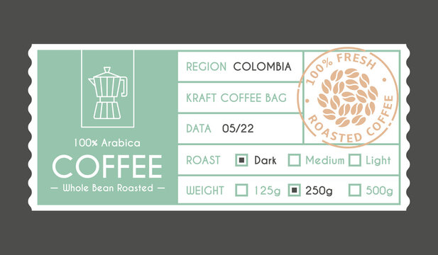 Coffee Packaging Sticker. Geometric Label Template, Minimal Design Tag With Beans And Coffee Maker. Tidy Vintage Arabica Package Vector Info Banner