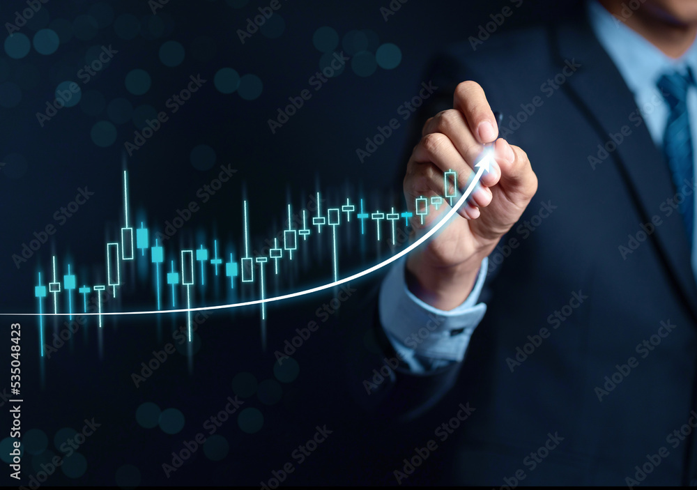 Poster businessman writing target analyze sales data trading and showing a growing virtual screen of statis