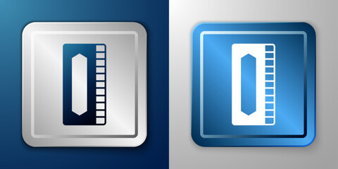 White Harmonica icon isolated on blue and grey background. Musical instrument. Silver and blue square button. Vector