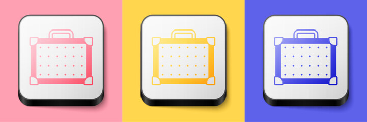 Isometric Guitar amplifier icon isolated on pink, yellow and blue background. Musical instrument. Square button. Vector
