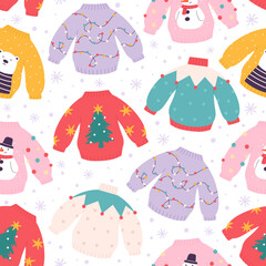 Ugly sweaters seamless pattern. Vintage cristmas pullover, party winter jumper. Cozy racy holidays clothes with snowman, bear, garlands vector print