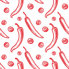 Red chili peppers, vector illustration. Seamless pattern with pepper.
