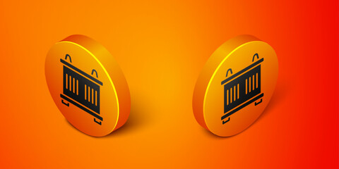 Isometric Container icon isolated on orange background. Crane lifts a container with cargo. Orange circle button. Vector