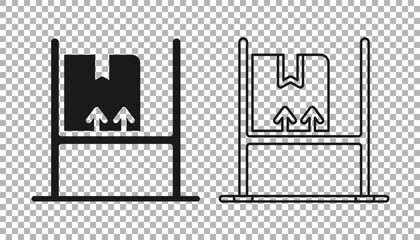 Black Warehouse interior with boxes on racks icon isolated on transparent background. Logistics, cargo, parcel storage postal service. Vector