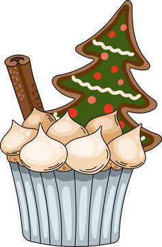 christmas cupcake with gingerbread tree clip art preview