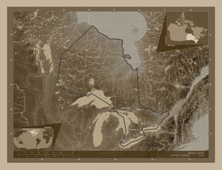Ontario, Canada. Sepia. Labelled points of cities