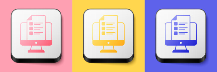 Fototapeta premium Isometric Online quiz, test, survey or checklist icon isolated on pink, yellow and blue background. Exam list. E-education concept. Square button. Vector
