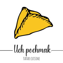 Uch pochmak. Bashkir national pie with meat and potat. Hand drawn illustration of national Bashkir cuisine dishes. Asian, bashkir, tatar cuisin