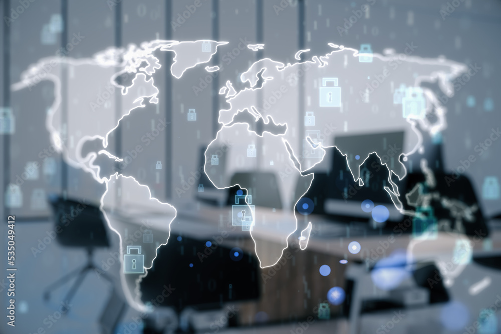 Poster creative glowing ecryption map hologram with padlock icons on blurry office interior backdrop. commu
