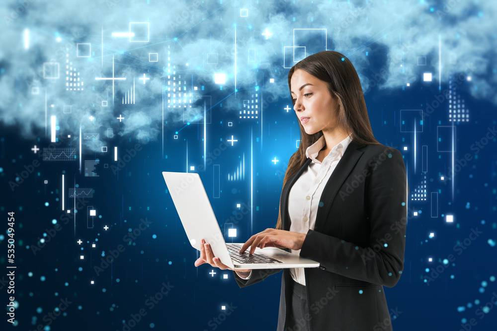 Poster young european businesswoman with laptop and creative image of cloud data icons on blurry background