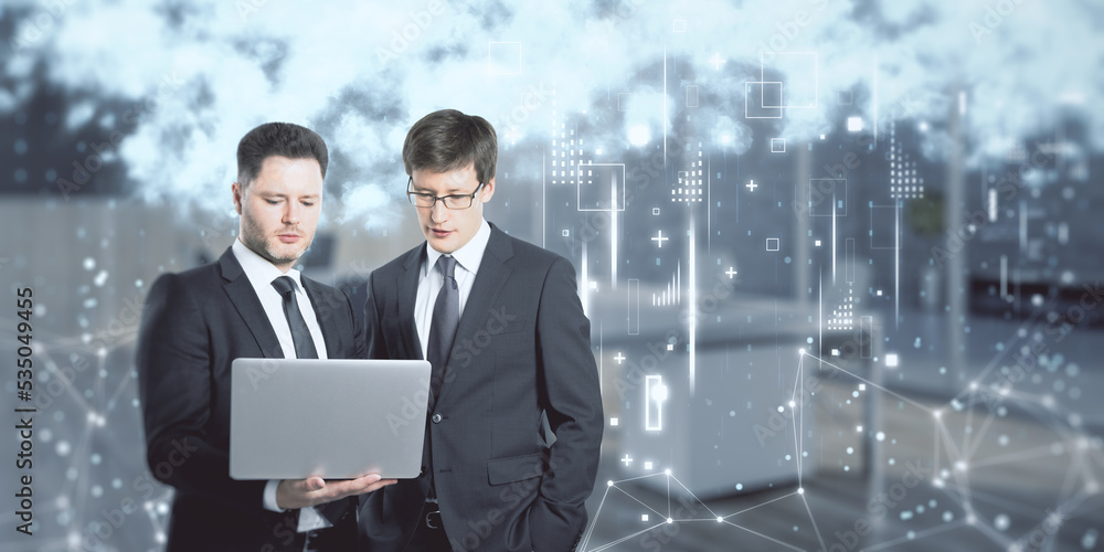 Poster young european businessmen with laptop and creative cloud data icons on blurry background. cloud com