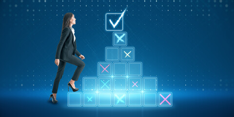 Attractive young european businesswoman climbing digital stairs to success on blue background. Futuristic goal achievement concept.
