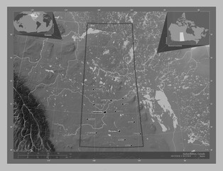 Saskatchewan, Canada. Grayscale. Labelled points of cities