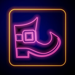 Glowing neon Leprechaun boot icon isolated on black background. Happy Saint Patricks day. National Irish holiday. Vector