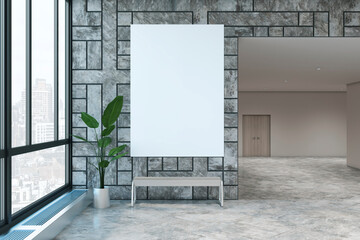 Modern hall way interior with empty white mock up poster on concrete tile wall, decorative plant and window with city view. Spacious room concept. 3D Rendering.