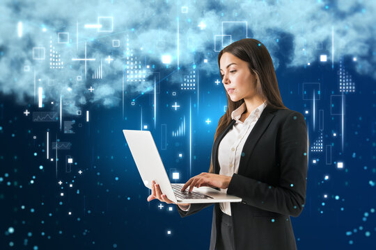 Young european businesswoman with laptop and creative image of cloud data icons on blurry background. Cloud computing, big data, technology and database concept. Double exposure.