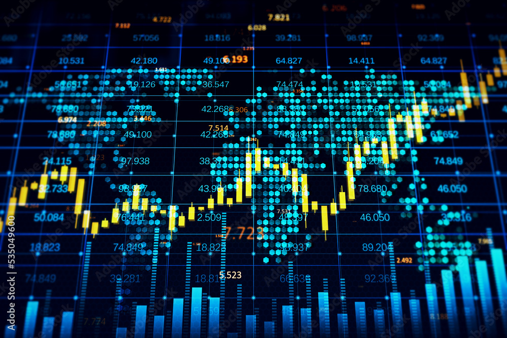 Aufkleber Creative forex chart with hexagonal map, candlestick graph, index and tech hologram on dark background. Trade, stock, and finance concept. 3D Rendering.