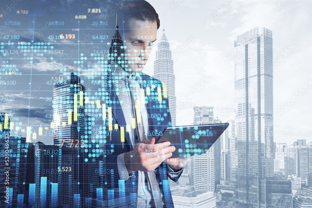 Aufkleber businessman using tablet with creative forex chart with candlestick graph, index and tech hologram o
