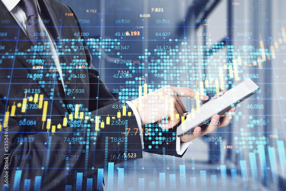 Poster businessman hands using cellphone with creative forex chart with candlestick graph, index and tech hologram on blurry office interior background. Trade, stock, and finance concept. Double exposure.