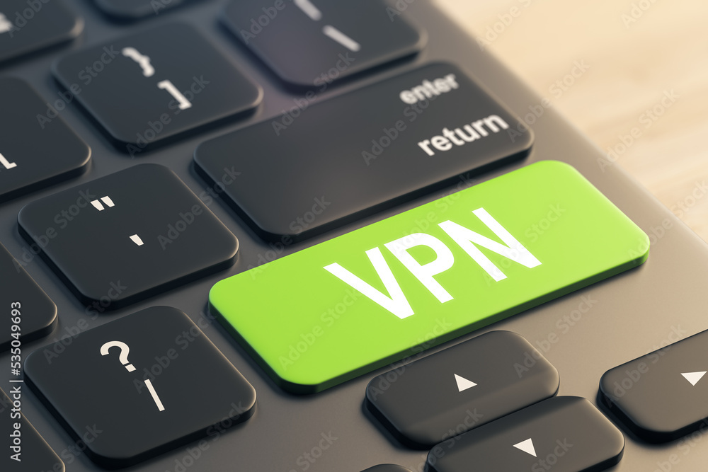 Poster close up of green vpn button on black keyboard placed on blurry wooden desktop. concept. 3d renderin