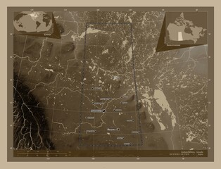 Saskatchewan, Canada. Sepia. Labelled points of cities