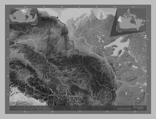 Yukon, Canada. Grayscale. Labelled points of cities