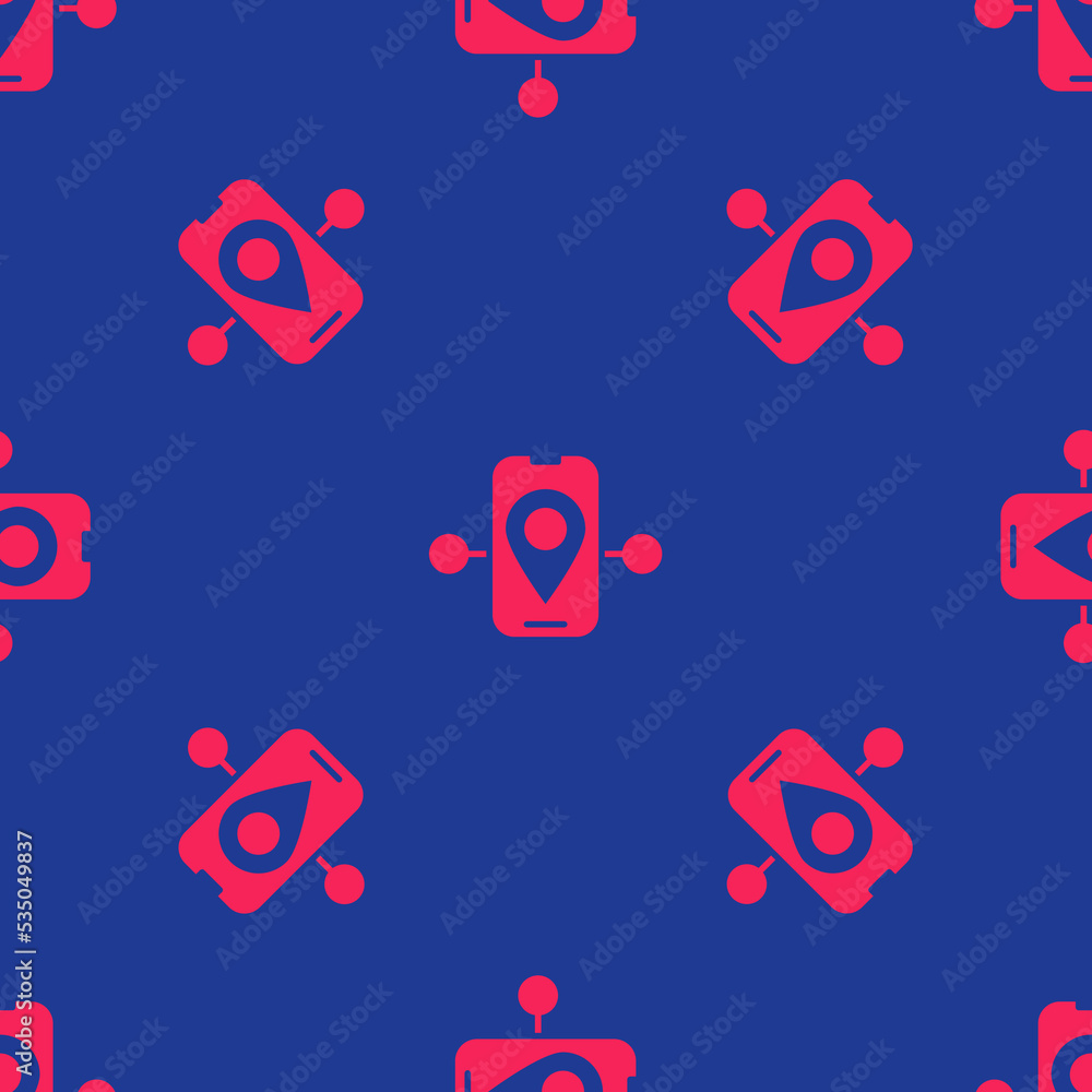 Poster red route location icon isolated seamless pattern on blue background. train line path of train road 