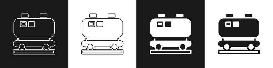 Set Oil railway cistern icon isolated on black and white background. Train oil tank on railway car. Rail freight. Oil industry. Vector