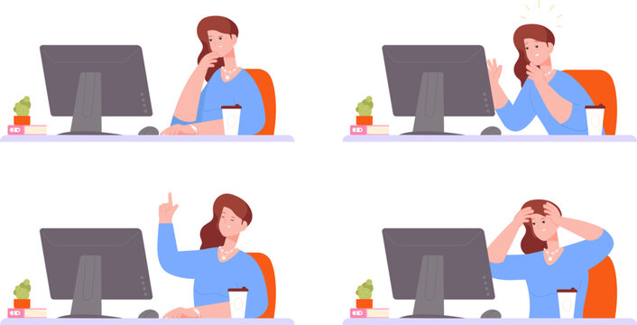 Different emotions woman at desktop. Happy and disappointed employee computer stress work, shock ceo businesswoman character, corporate women winner workplace vector illustration