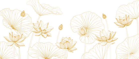Luxury vector background with lotus flower, leaves and buds. Elegant floral wallpaper in minimalistic linear style. - 535050400
