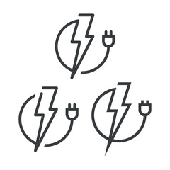 A set of monochrome logos of electric charging for cars. Multiple image options for charging stations, applications and your business. Isolated vector on a white background.