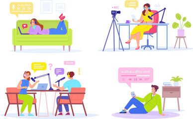 Online podcast interview. People sound communication recording online broadcast, man and woman in headphones and microphone listen music on radio studio, swanky vector illustration
