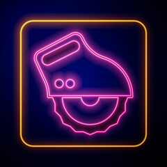 Glowing neon Electric circular saw with steel toothed disc icon isolated on black background. Electric hand tool for cutting wood or metal. Vector