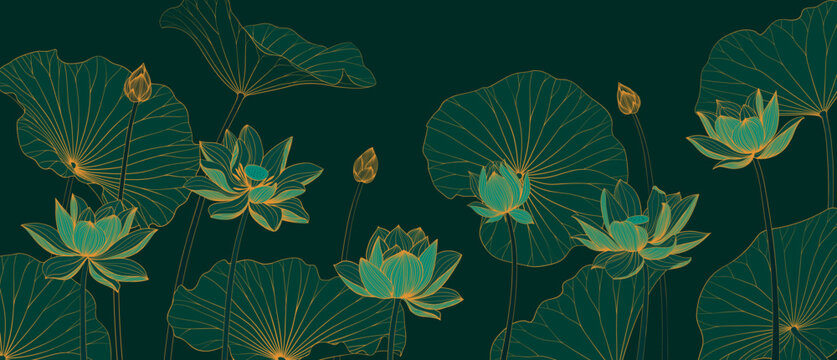 Luxury vector background with lotus flower, leaves and buds. Elegant floral wallpaper in minimalistic linear style.