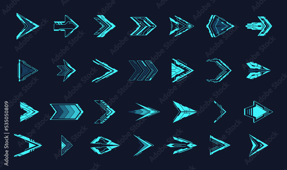 Poster hud arrows. hologram sci-fi arrow or futuristic light triangle pointers, digital directional movemen