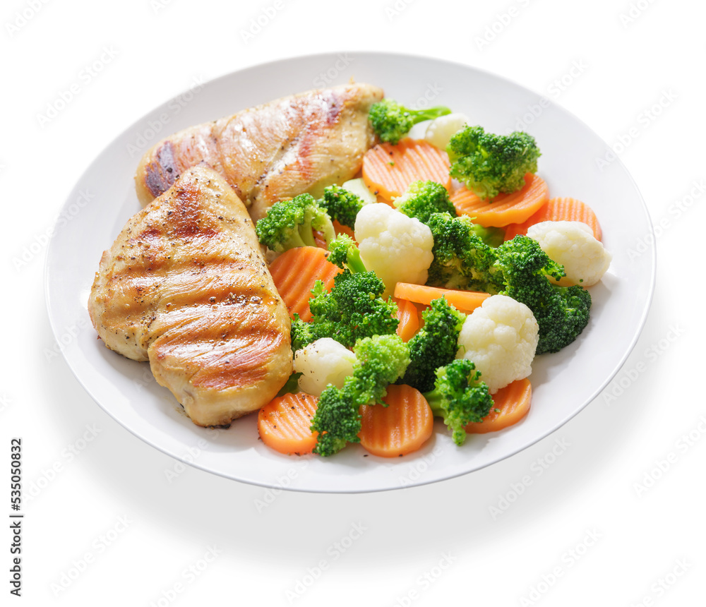 Wall mural plate of grilled chicken with vegetables on white background