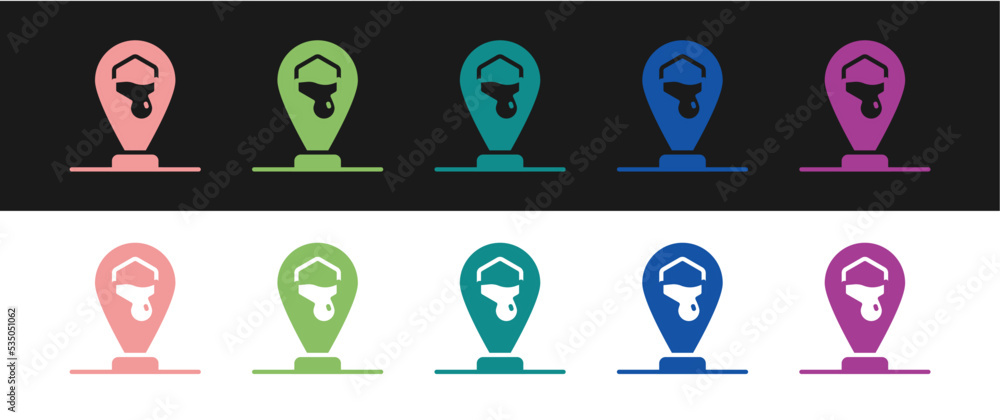 Poster set honeycomb bee location map pin pointer icon isolated on black and white background. farm animal 