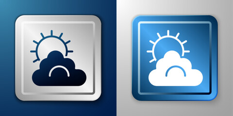 White Sun and cloud weather icon isolated on blue and grey background. Silver and blue square button. Vector