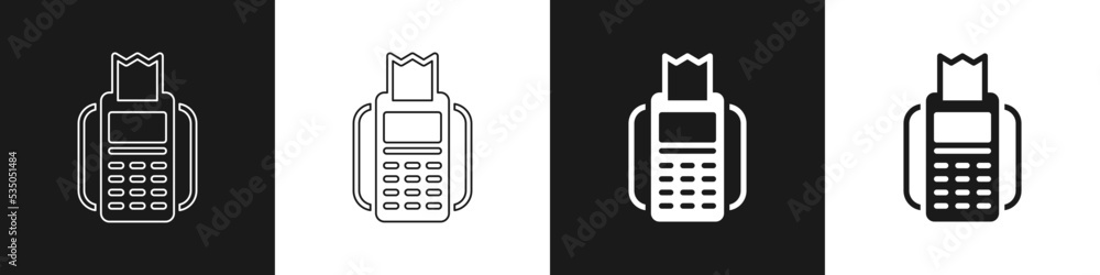 Poster set pos terminal with inserted credit card and printed reciept icon isolated on black and white back