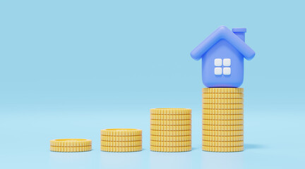 3d blue house on gold coins stack on blue background. Home model with windows, door icon. Business financial investment growth concept. Mockup cartoon minimal smooth style. 3d render clipping path.