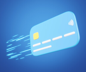 3D Virtual credit card with neon lines mockup floating isolated on blue background. Fast Online payment. Digital marketing. E commerce. Withdraw money. Easy shopping. 3d cartoon render. clipping path.