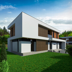 Fototapeta na wymiar 3D visualization of a modern house. House with a flat roof. Modern unique architecture 