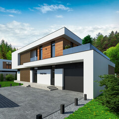 3D visualization of a modern house. House with a flat roof. Modern unique architecture
