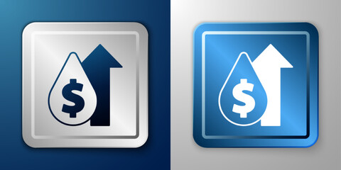 White Oil price increase icon isolated on blue and grey background. Oil industry crisis concept. Silver and blue square button. Vector
