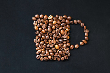Stylized cup of coffee out of coffee beans, flat lay.